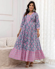 Indian Women Cotton Gray Ethnic Motifs Printed Flared Kurta Kurti Long Dress