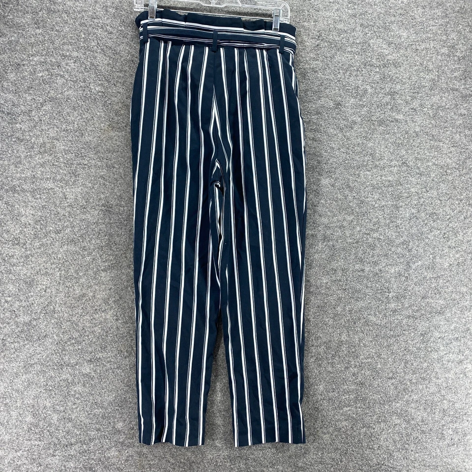 Pantalones H&M Mujer 8 Azul Rayas Cinturón Tiro Alto Frente Plano Chino Informal Bolsillos Foto 2 de 4
