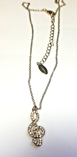 Vintage Stamped Bizou Gold Tone Rhinestone Music Note Pendant Necklace Fashion