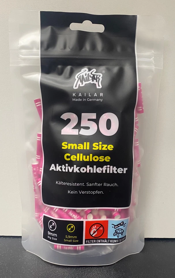 Kailar - Cellulose Slim Aktivkohlefilter ø 6mm - 250 Stück pink + 2x Papier