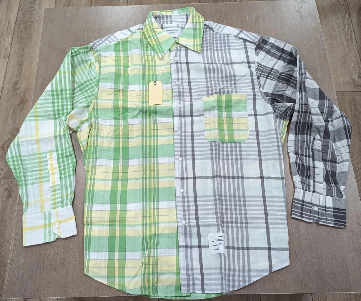Camicia sportiva THOM BROWNE da uomo a righe a contrasto LS $820 grigia verde multi 2 media