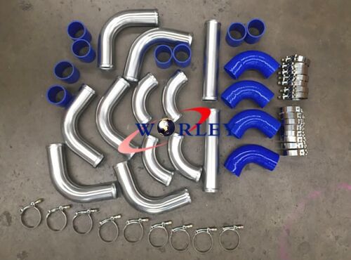 3" INCH 76mm UNIVERSAL ALUMINUM INTERCOOLER TURBO PIPE PIPING KIT BLUE HOSE