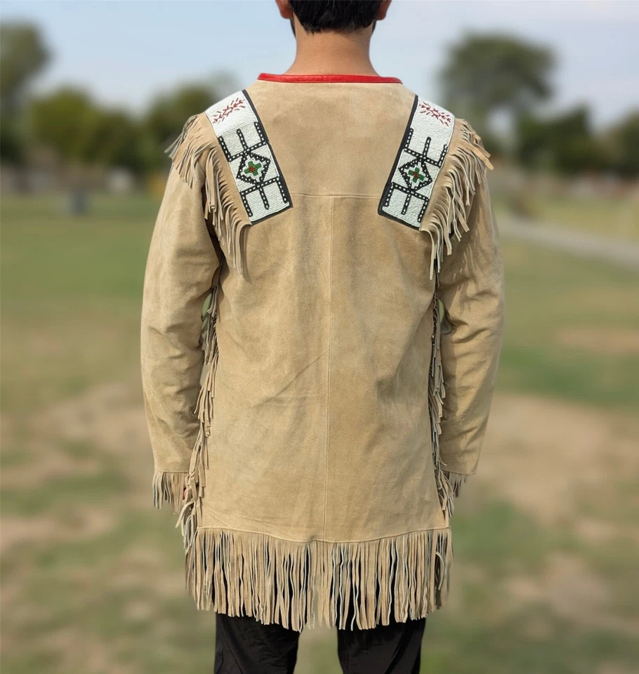 Western Men's Beige Suede Fringe War Shirt with Native‑Style Beaded Detailing - Image 2 of 4