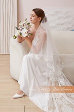 NO COMB Drop Veil, Daisy Lace Edge Wedding Veil, Single Tier Bridal Wedding Veil