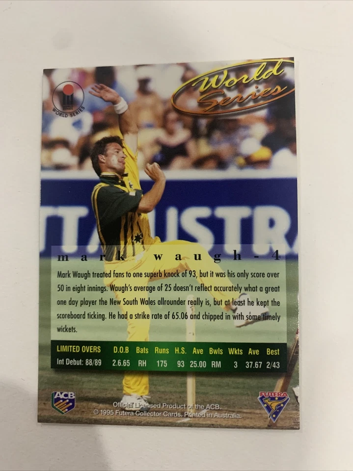 MARK WAUGH - 1995 FUTERA - ACB WORLD SERIES CARD 4 - image 2 of 3