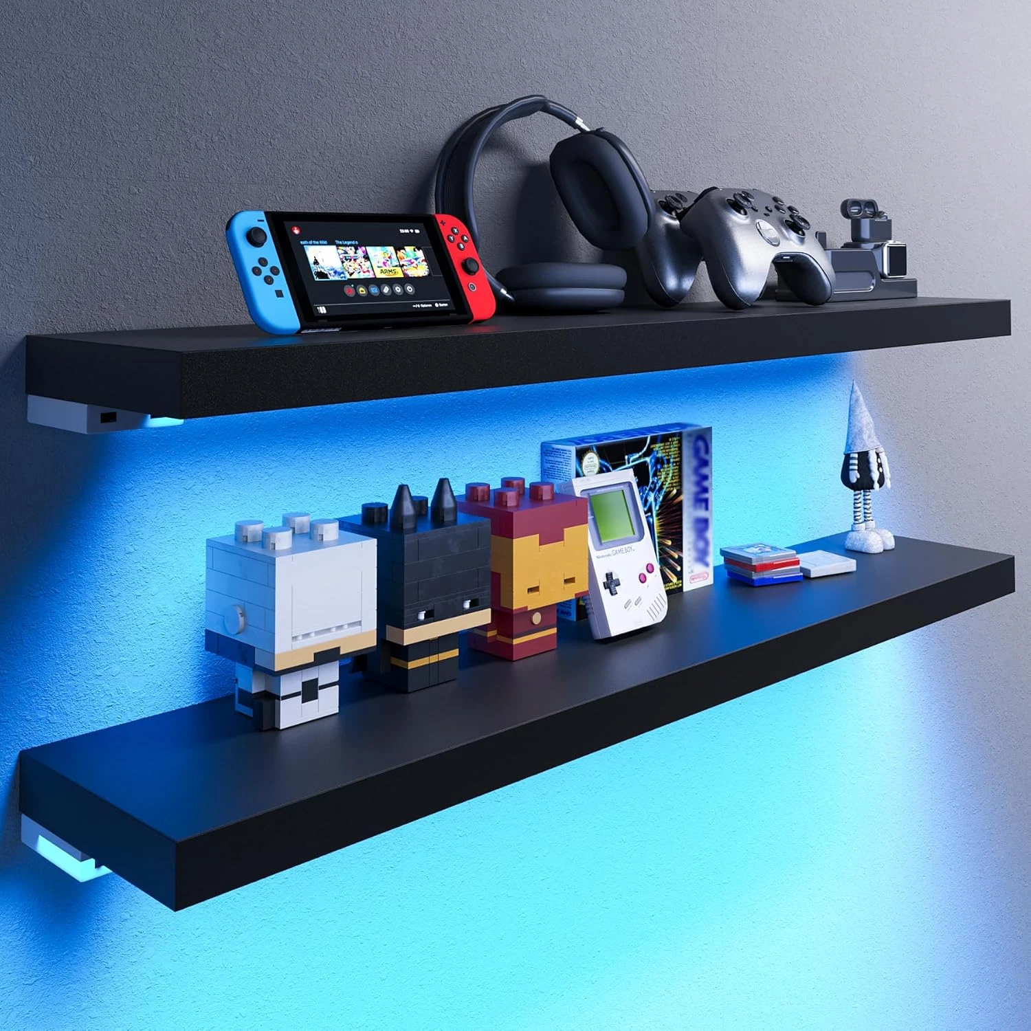 RGB LED Floating Shelves, 35" Wall Mounted Set of 2, Black Wooden Shelves