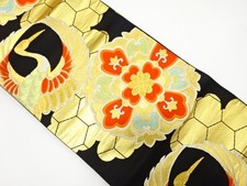 7375236: JAPANESE KIMONO / ANTIQUE FUKURO OBI / SILK / WOVEN CRANE  FLORAL CRES