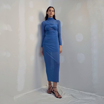 blue mesh long sleeve dress Surround Sound Blue Mesh Long Sleeve Mini Dress - US 16