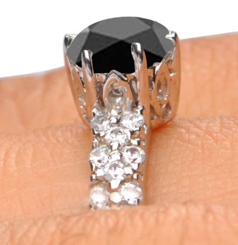 2.34Ct Round Cut 100% Natural Black Diamond Women's Ring In 925 Sterling Silver - Picture 11 of 12