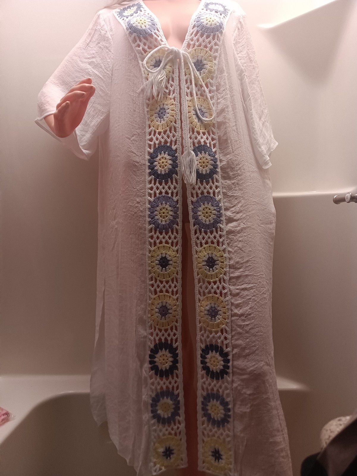 White Gauze Boho Tassel Kimono Beach Cover Up Duster Womens 2XL-3XL Resortwear