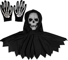 Halloween Skeleton Costume Set, Skull Mask & Gloves, Grim Reaper Outfit Men
