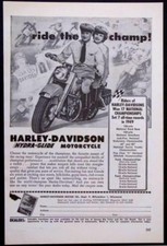 1950 Harley Davidson Hydra-Glide *Ride the Champ* vintage Motorcycle AD