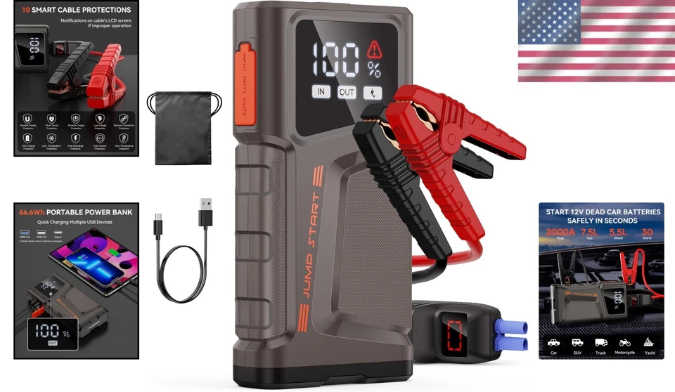 Arrancador de batería portátil 12V para coche 2000A con luz LED USB Foto 2 de 4