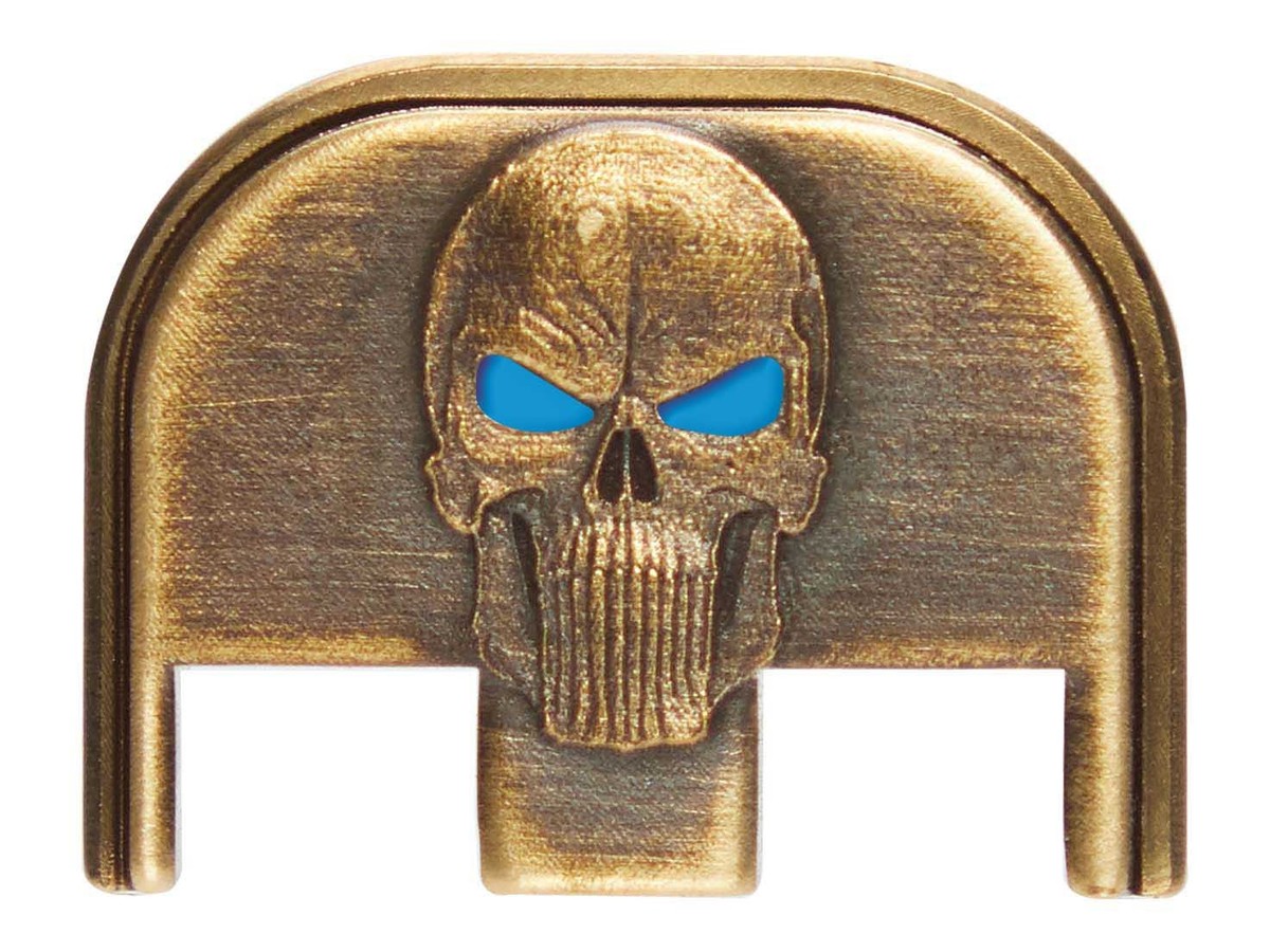 オーダーペイント　イヤーズプレート NDZ Brass Glock Gen 5 17 19 45 3D Skull Light Blue Eyes Slide