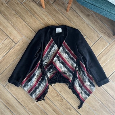 Bershka Vintage Jacket, Boho mit Fransen Damen Aztec Schwarz, Rotwein M