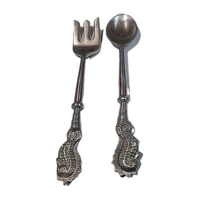 Seahorse Nautical SS Serving Salad Fork Spoon Cast Aluminum Handle Beach House