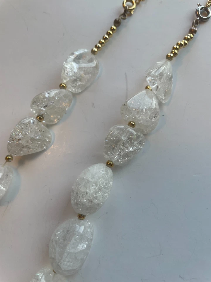 Collar de roca de cristal agrietado blanco + dorado de colección en cadena dorada de 23". Caja regalo Foto 4 de 4