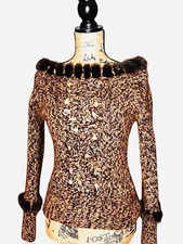 URCHIN WOOL KNIT SWEATER ANGORA TRIM OPEN FLORAL DESIGN BROWN BEIGE SMALL / S