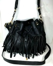 My Choice Black Leather Fringe Drawstring Crossbody Shoulder Bag – Made In Italy