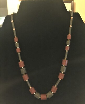 Vintage Beaded Necklace RED AND GRAY Signed Beeline  15'' Long w/Gift Box  Retro