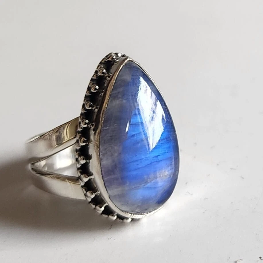 PURPLE RAINBOW MOONSTONE NATURAL GEMSTONE 925 STERLING SILVER JEWELRY RING - Image 2 of 4