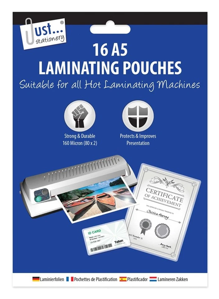 Just stationery 16 x A5 Laminating Pouches - for all hot laminating machines