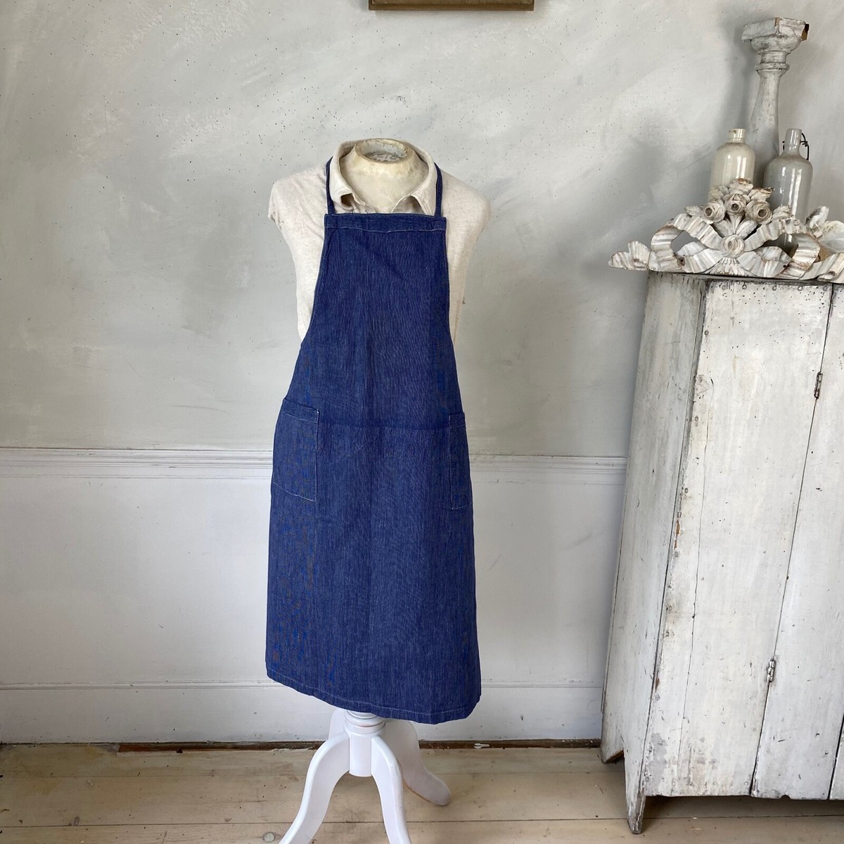 1930s Blue Chambray French Apron Pockets Long Farmhouse