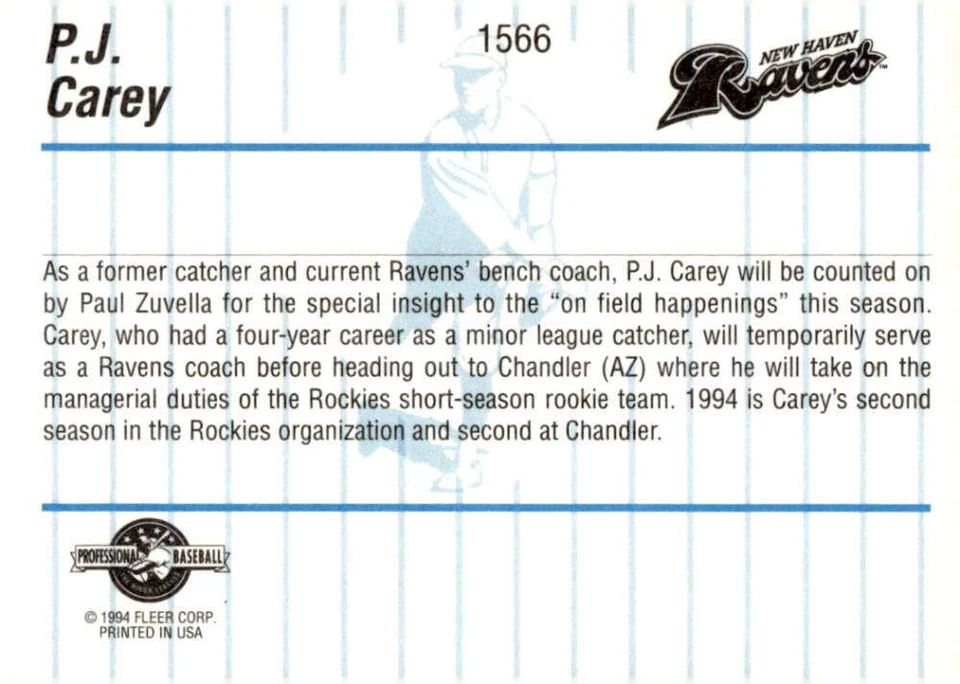 1994 Fleer Pro Cards New Haven Ravens #1566 P.J. Carey NM-MT BXCP01 - Image 2 of 2