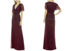 Mac Duggal Aubergine Purple Beaded Leaves Butterfly Sleeve Gown Size 12 $698