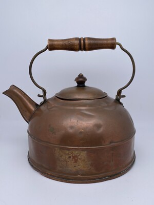 Vintage Primitive Paul Revere Copper Tea Kettle Wood Handle Engraved Signature