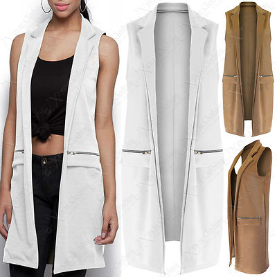 Womens Ladies Front Open Sleeveless Long Duster Coat Waistcoat Blazer Plus 8-22