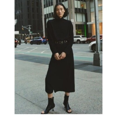 Zara High Collar Midi dress black sz S minimalist modest