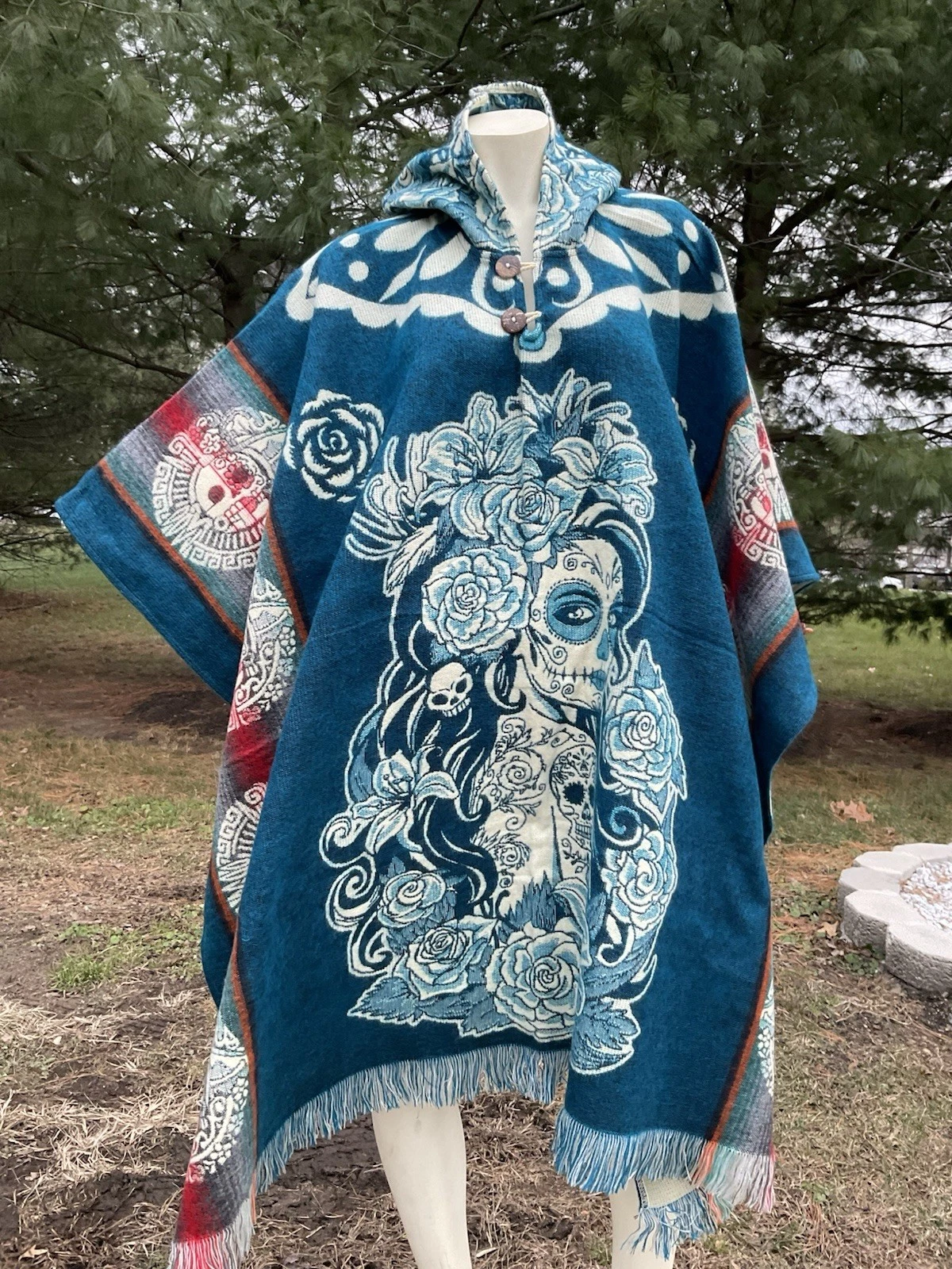 HANDMADE ALPACA WOOL PONCHO, Aztec Skull Design, Catrina, Red, Very Soft & Warm