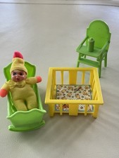 Vintage Fisher Price Little People Yellow Playpen Baby Bed Crib Cradle High Chai