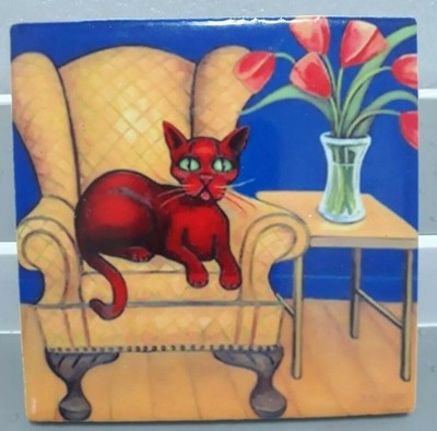 Will Rafuse Cat kitten On A Chair tile Red cat yellow chair square 4''