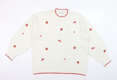George Damen Pullover Pulli Elfenbein Erdbeere Bestickt L