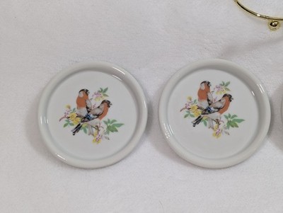 NIB Vintage Coaster Set Bullfinch Porcelain wild birds Set Of 4 with stand New 