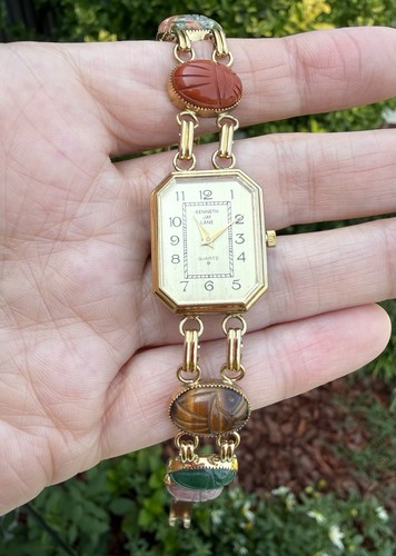 VTG Kenneth Jay Lane KJL Quartz Scarab Stone Watch Women Gold Tone New Battery