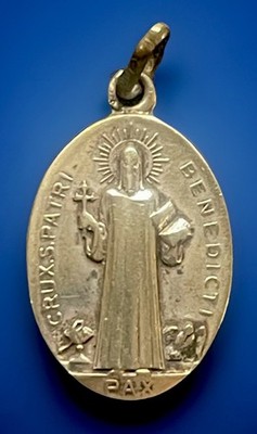 Vintage Catholic St Benedict Petite  Silver Tone Religious  Medal