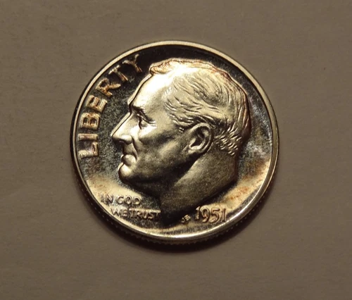 1951 ROOSEVELT DIME, GEM PROOF, TAKEN FROM AN ORIGINAL PROOF SET ! NICE TONING