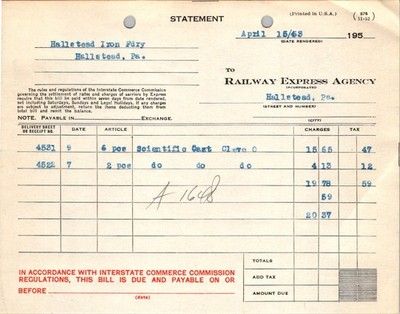 Railway Express Agency 1953 Billing Statement REA Hallstead PA Foundry