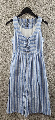 Design Lab Cotton Summer Dress Blue/White Striped Lace Up Midi Dress Women's S