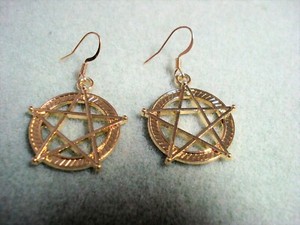 Authentic 1 3/4" Drop Dangle 1 1/8" Pentagram Gold Plated Earwire Earrings
