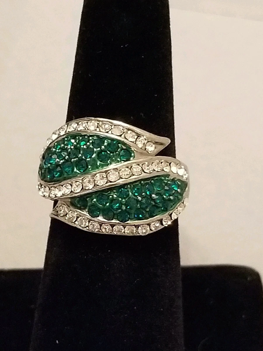 Costume Jewelry Cocktail Ring Green And Clear Stones Leaf Shape