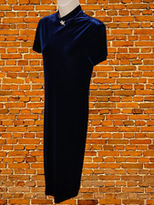 VINTAGE DARK NAVY UK 6 VELVET DRESS HIGH NECK BROACH OCCASION PARTY MAXI WOMENS