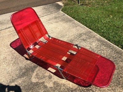 Vtg Folding Steel Chaise Lounge Lawn Beach Chair Vinyl PVC Tubing Tube