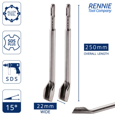 RENNIE TOOL COMPANY 2 x SDS Plus Gouge Chisel Bit x 250mm Long Hollow Chisel for Channeling Concrete