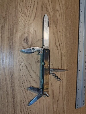 Rare COUTEAU VERITABLE ISSARD Manche Bois ANCIEN 6 FONCTIONS TIRE BOUCHON - Photo 1/4