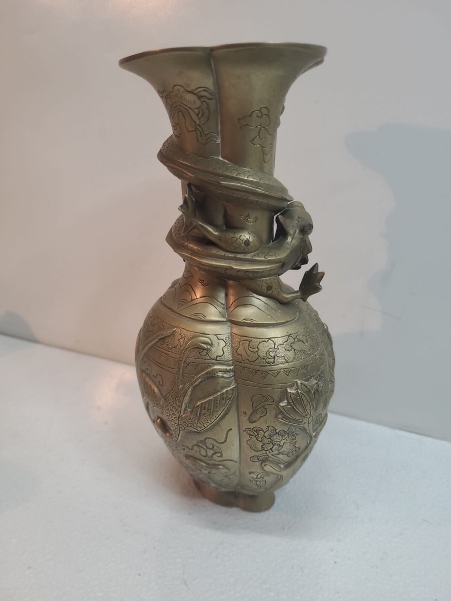 Vintage Chinese Brass Vase with Mythical Dragon Swirling