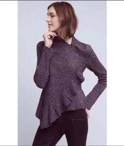 Anthropologie-Knitted-amp-Knotted-large-Cascading-Ruffle-Sweater-Gray-Black-wool
